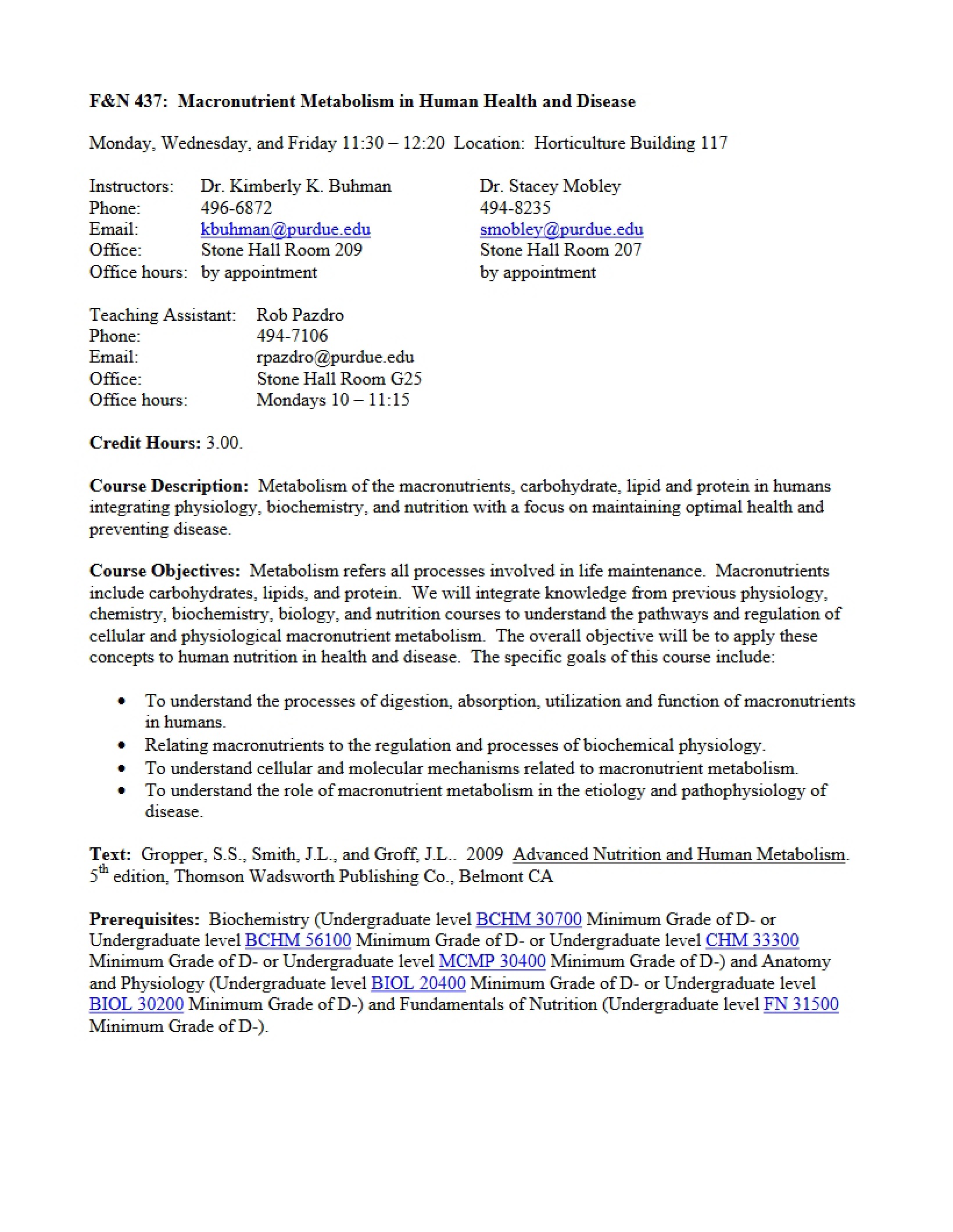 Course Syllabus Macronutrient Metabolism