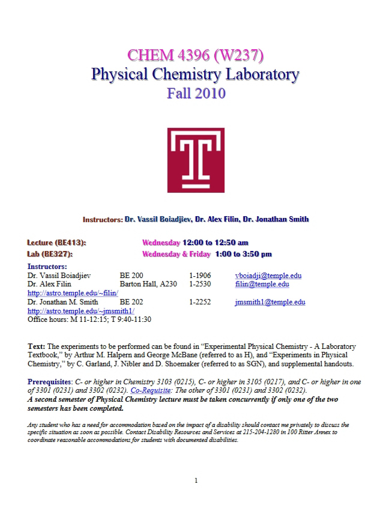 Syllabus for the Physical Chemistry Lab