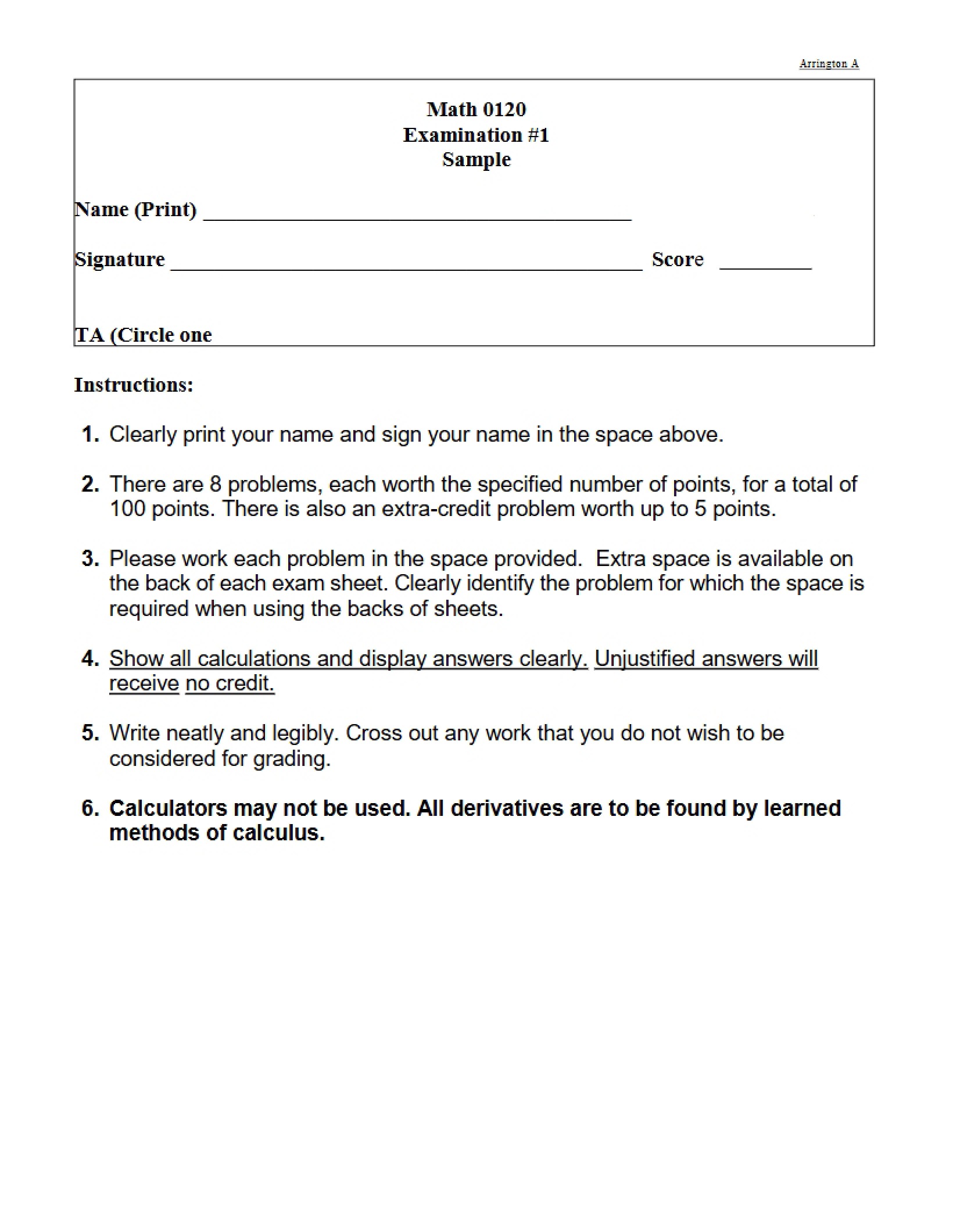 Math 0120 Exam