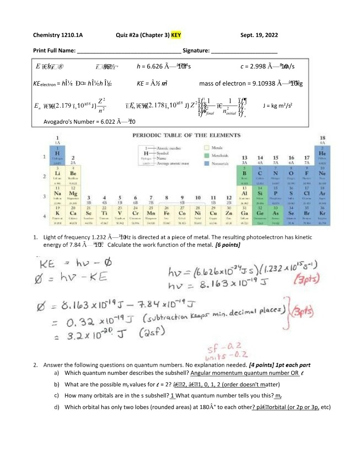 Chapters 2 & 3 Quizzes Key - Chemistry 1210.1A-1B