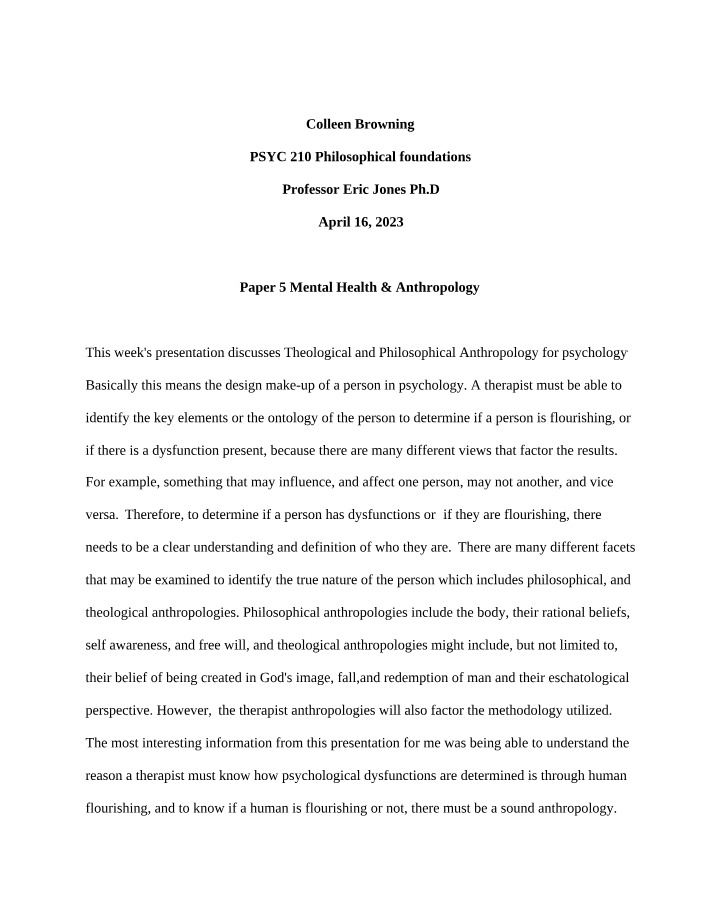 Mental Health and Anthropology - Paper 5