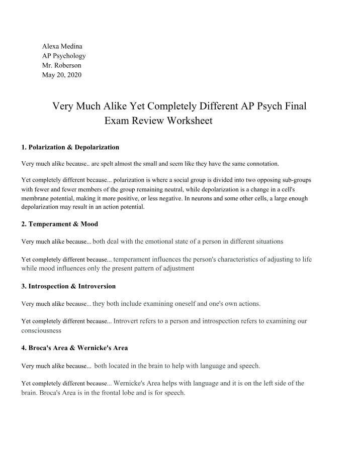 AP Psych Final Exam Review Worksheet