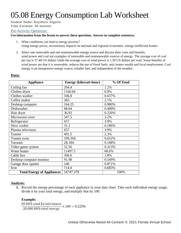 Energy Consumption Lab Worksheet Part B