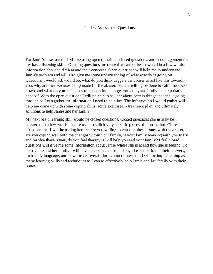 Assessment Questions for Jamie