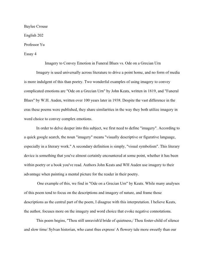 Funeral Blues vs. Ode on a Grecian Urn - Imagery to Convey Emotion