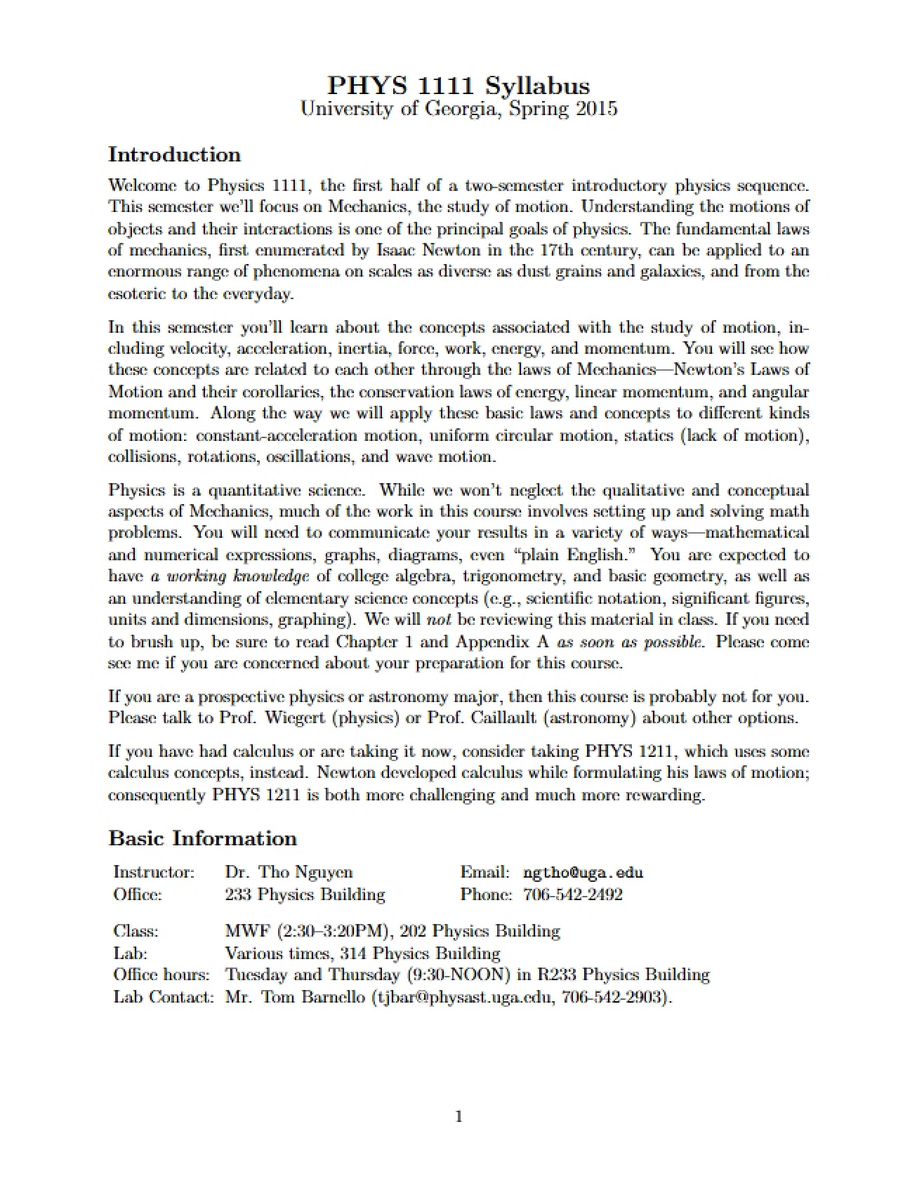 Course Outline (PHYS 1111)