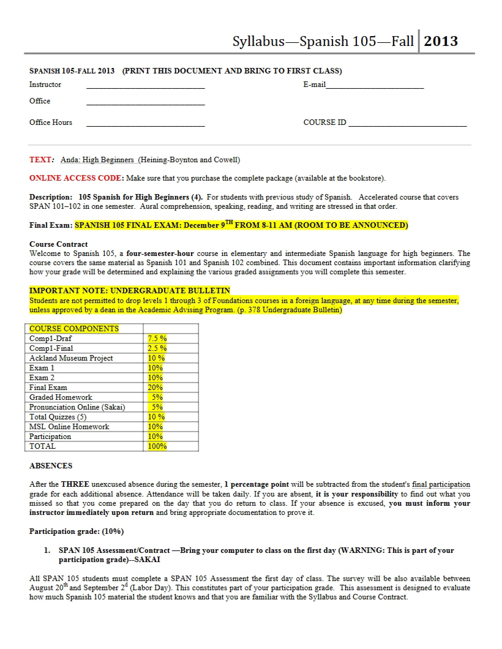 Fall 2013 High Beginners Syllabus