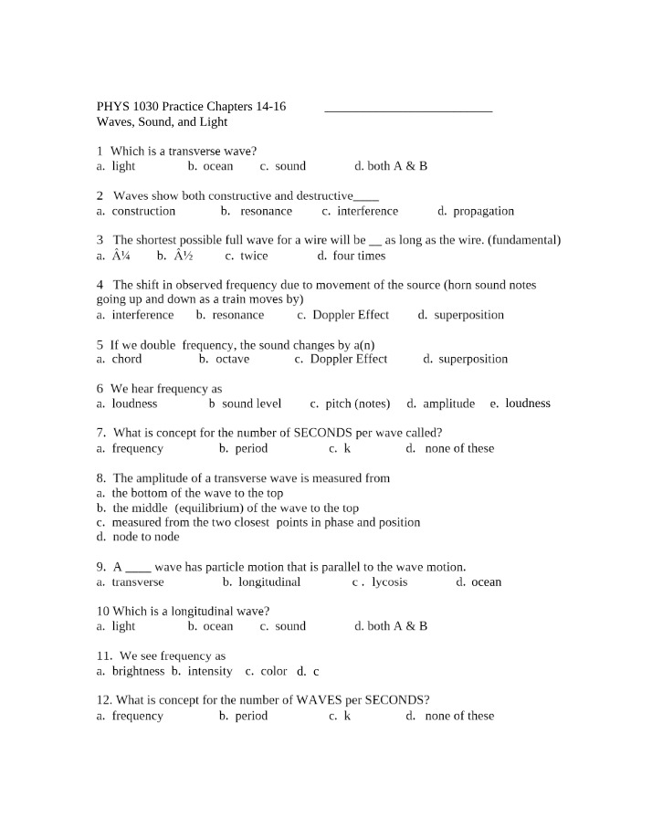 PHYS 1030 Key and Practice Questions