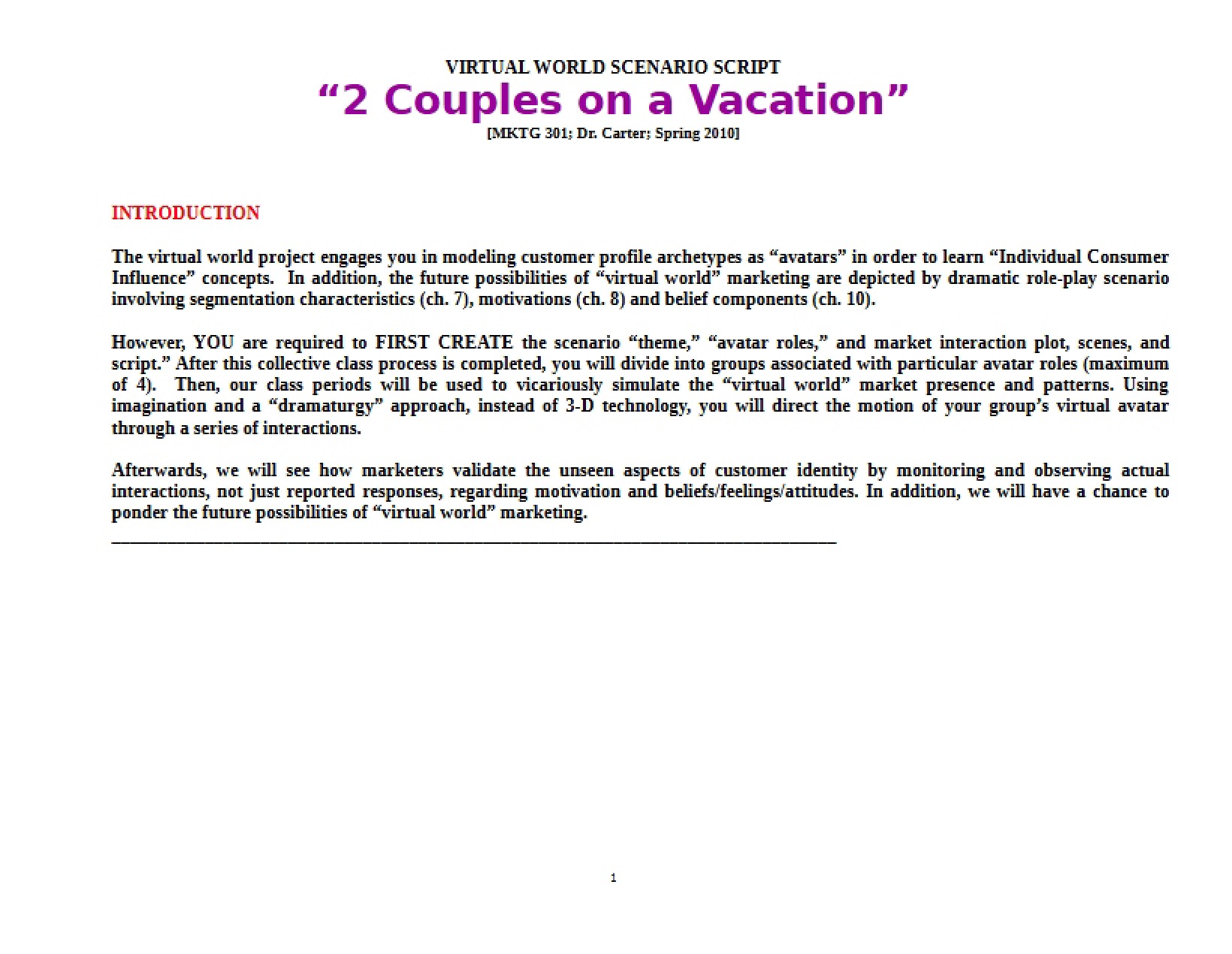 Script for Virtual World Scenario