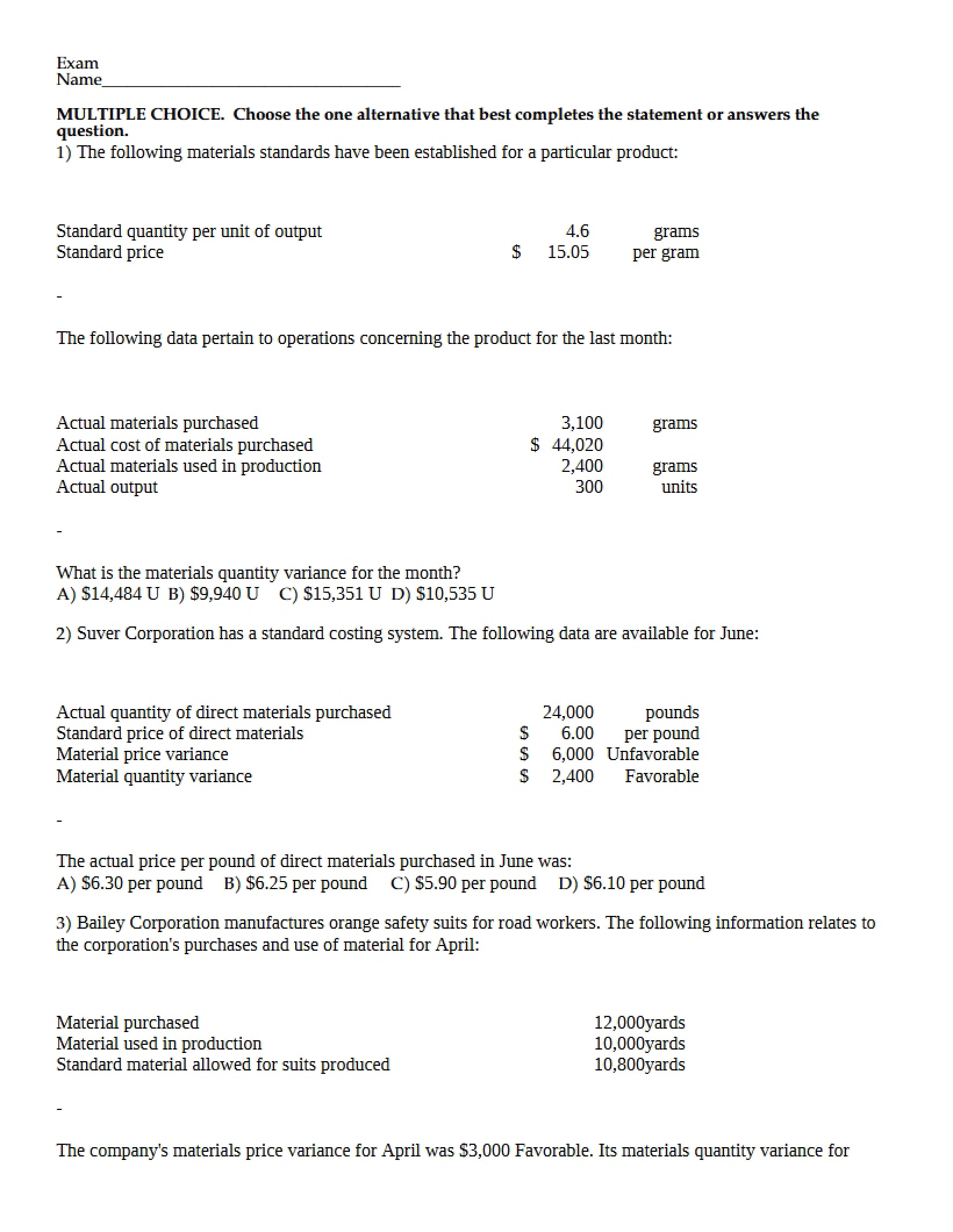 Practice Quiz 3 for Managerial Accounting