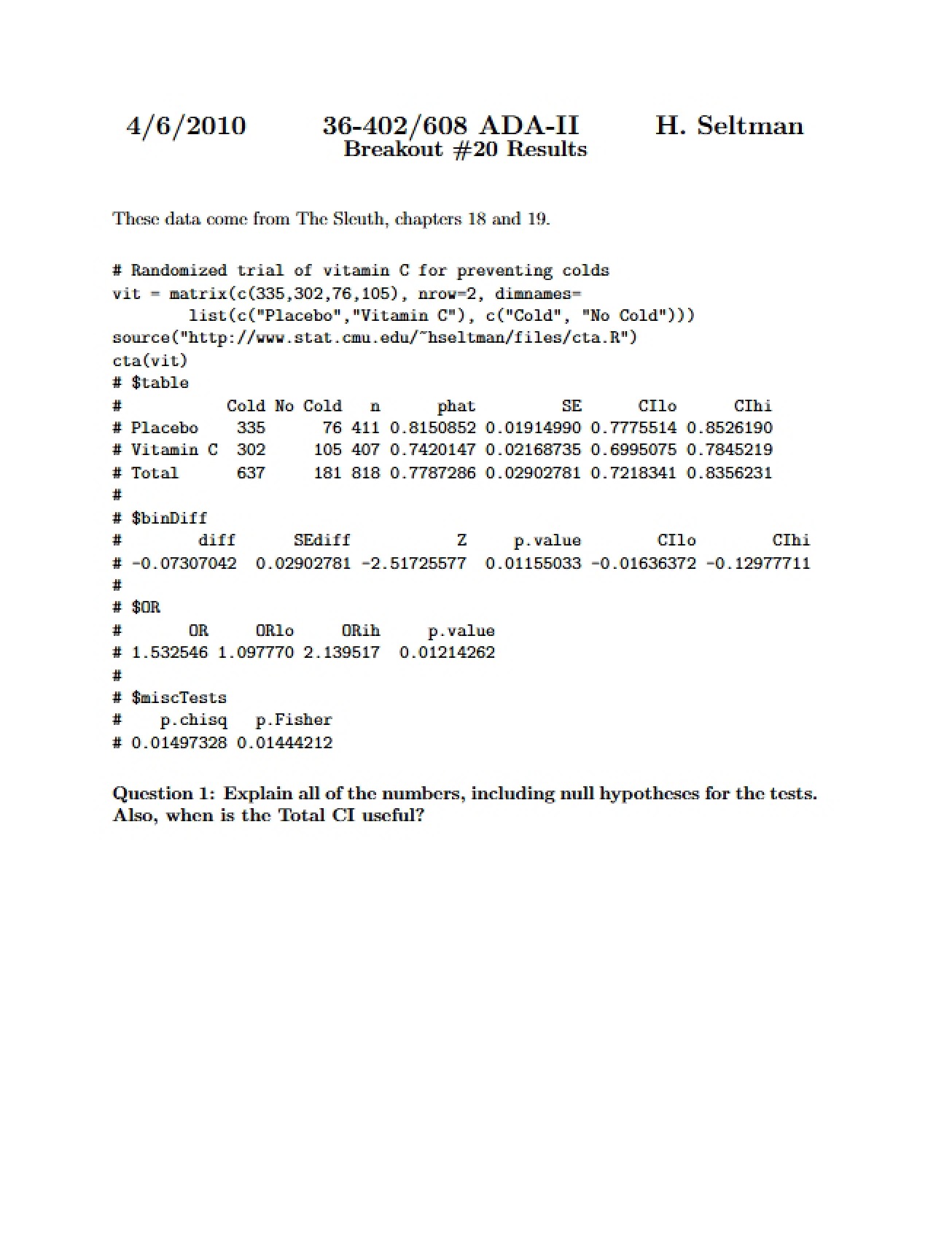 Third Advanced Data Analysis Handout