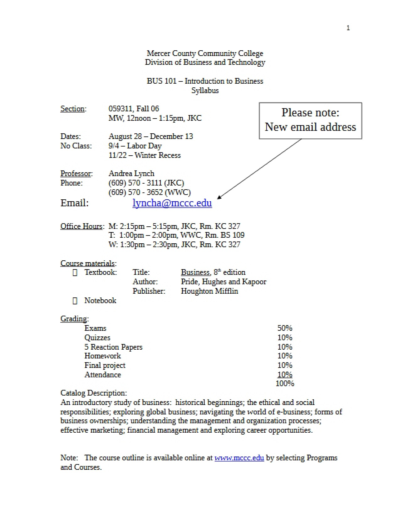Course Syllabus for Bus 101
