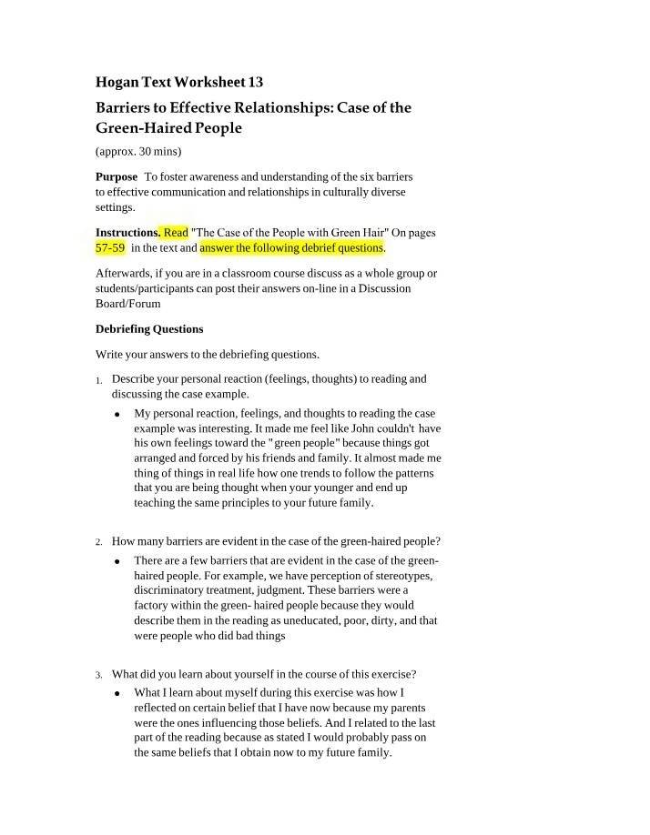 Worksheet 13 - Overcoming Barriers to Communication (Hogan Text)