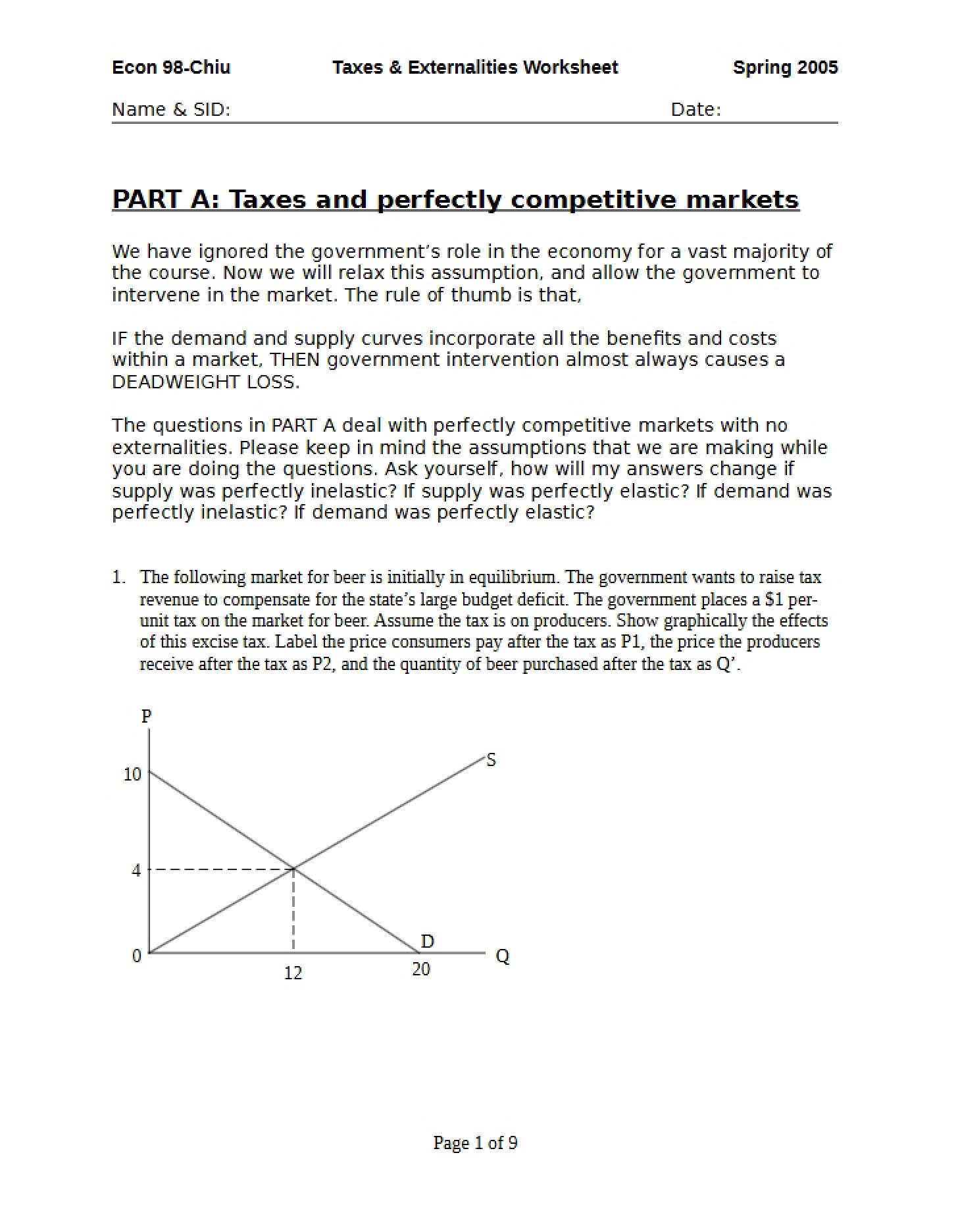 Worksheet Taxes & Externalities