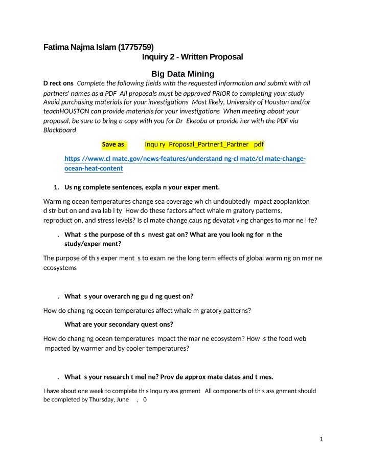 Written Proposal for Inquiry 2