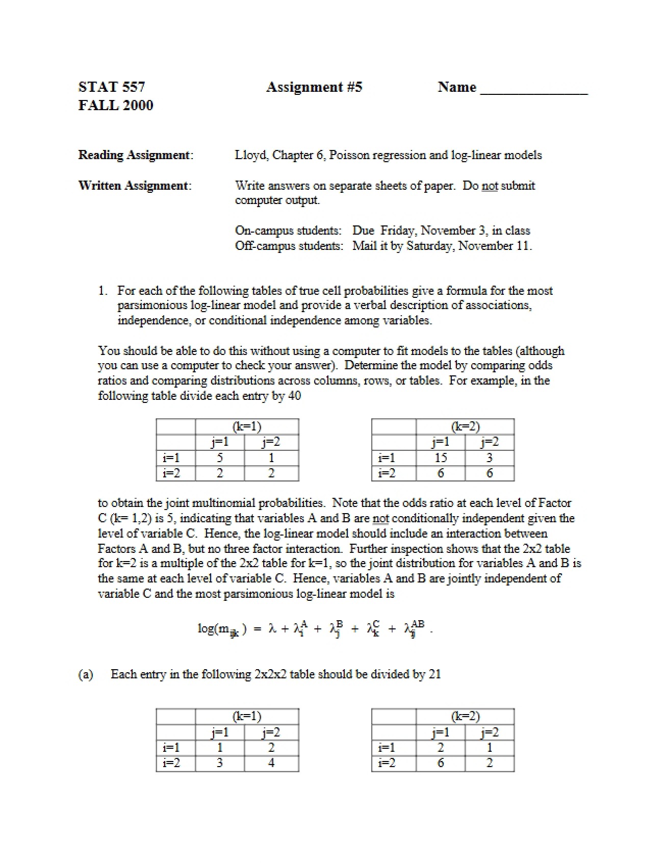 Fifth Homework from the Fall 2000 Semester of Statistical Methods