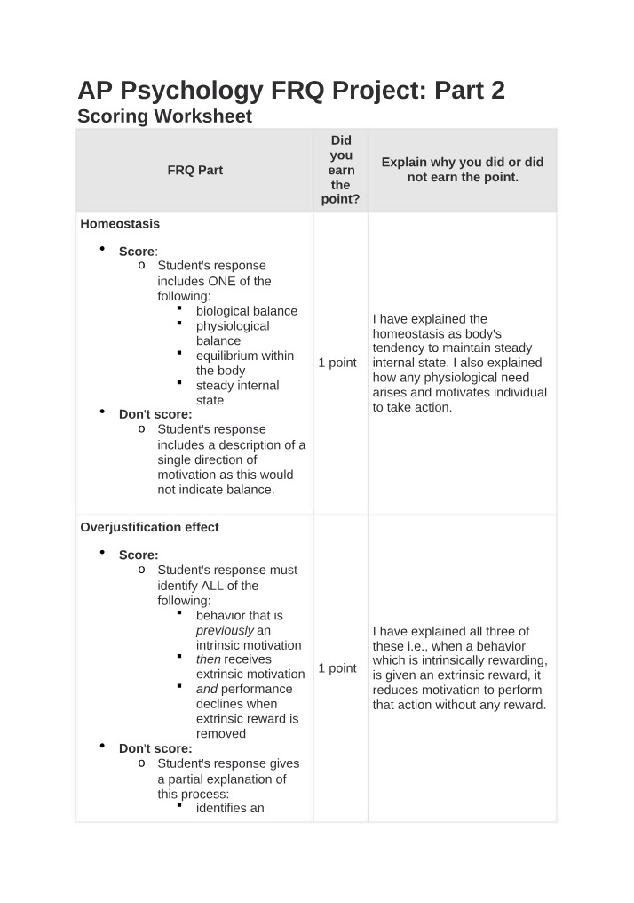 Scoring Worksheet - AP Psychology FRQ Project Part 2