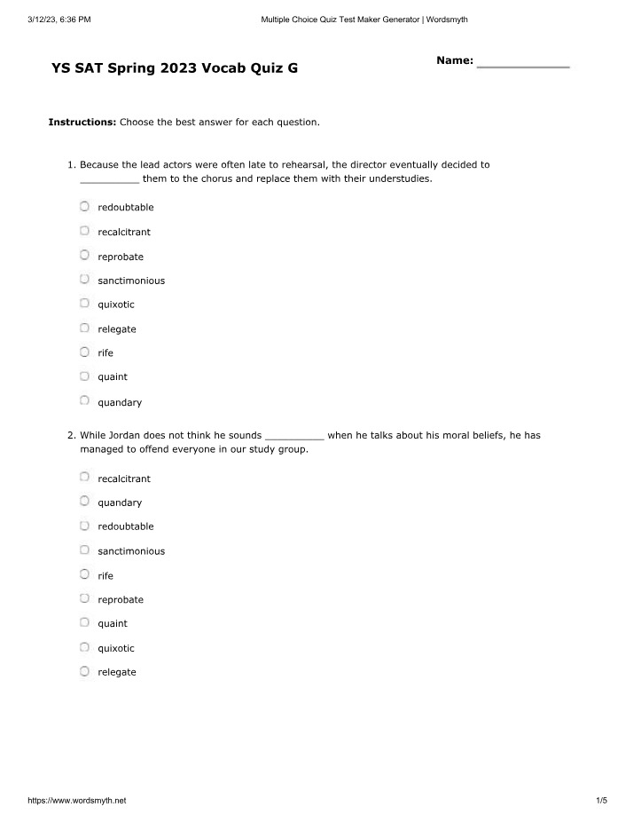 YS SAT Vocab Quiz G (Spring 2023)
