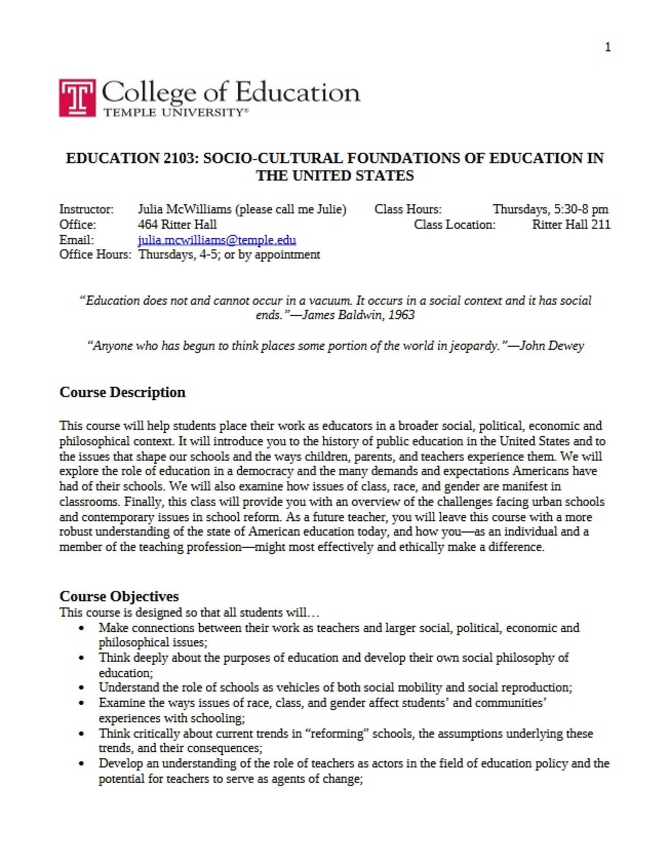 Syllabus for Sociocultural Foundations of Education