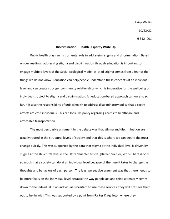 Write up on Health Disparity and Discrimination