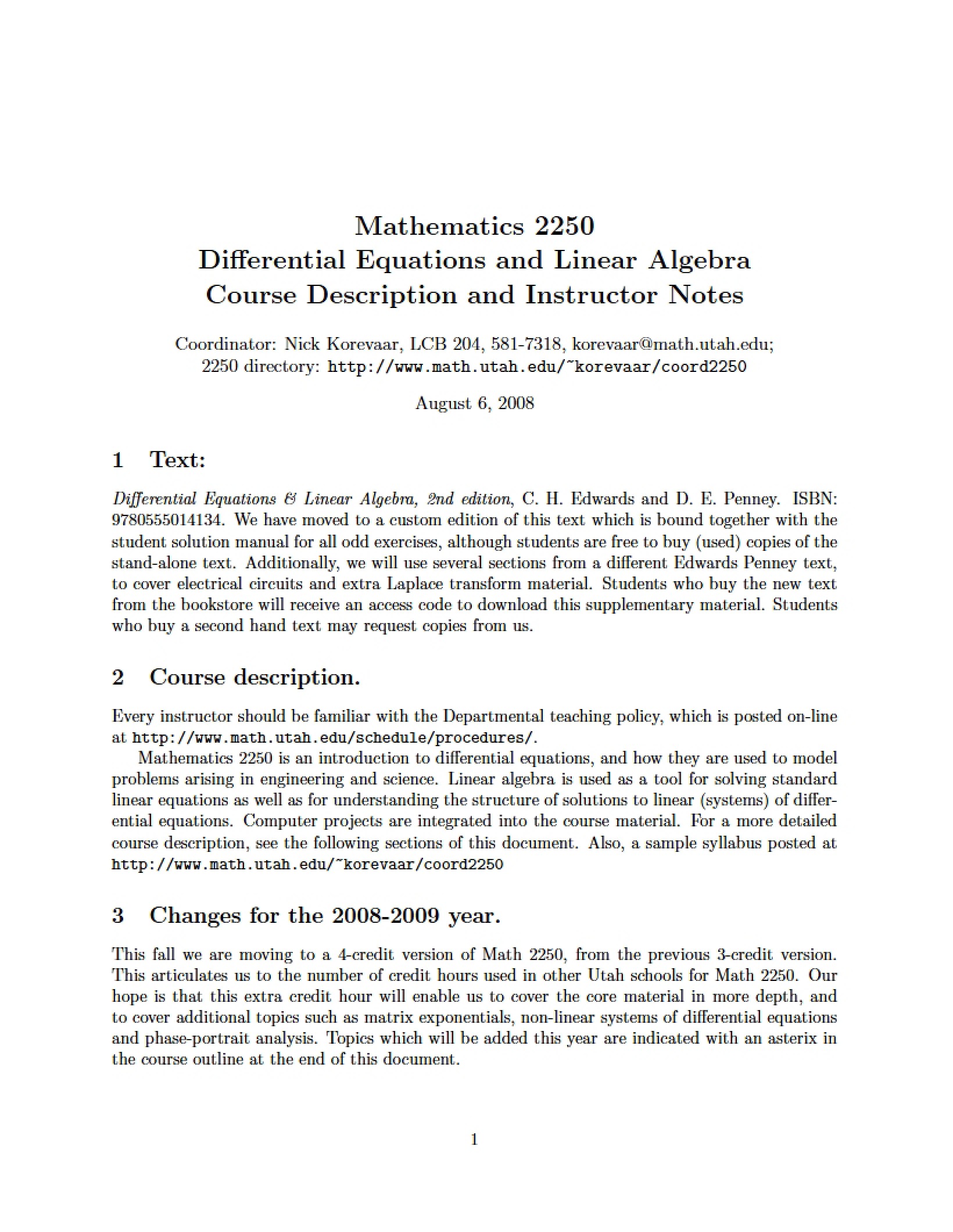 Instructor Notes and Course Description for Diff Eq