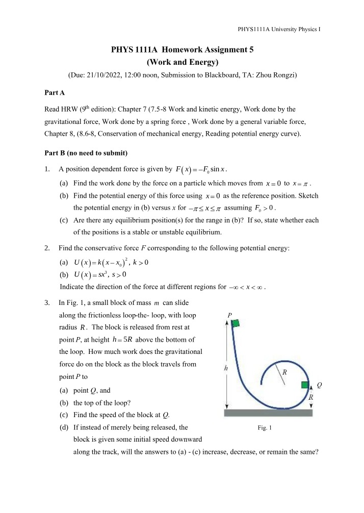 Work and Energy Homework for University Physics I