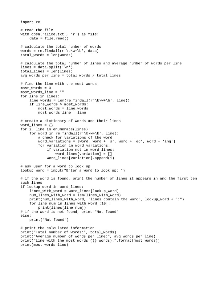 Word Frequencies, Lines, and Averages - Python Code