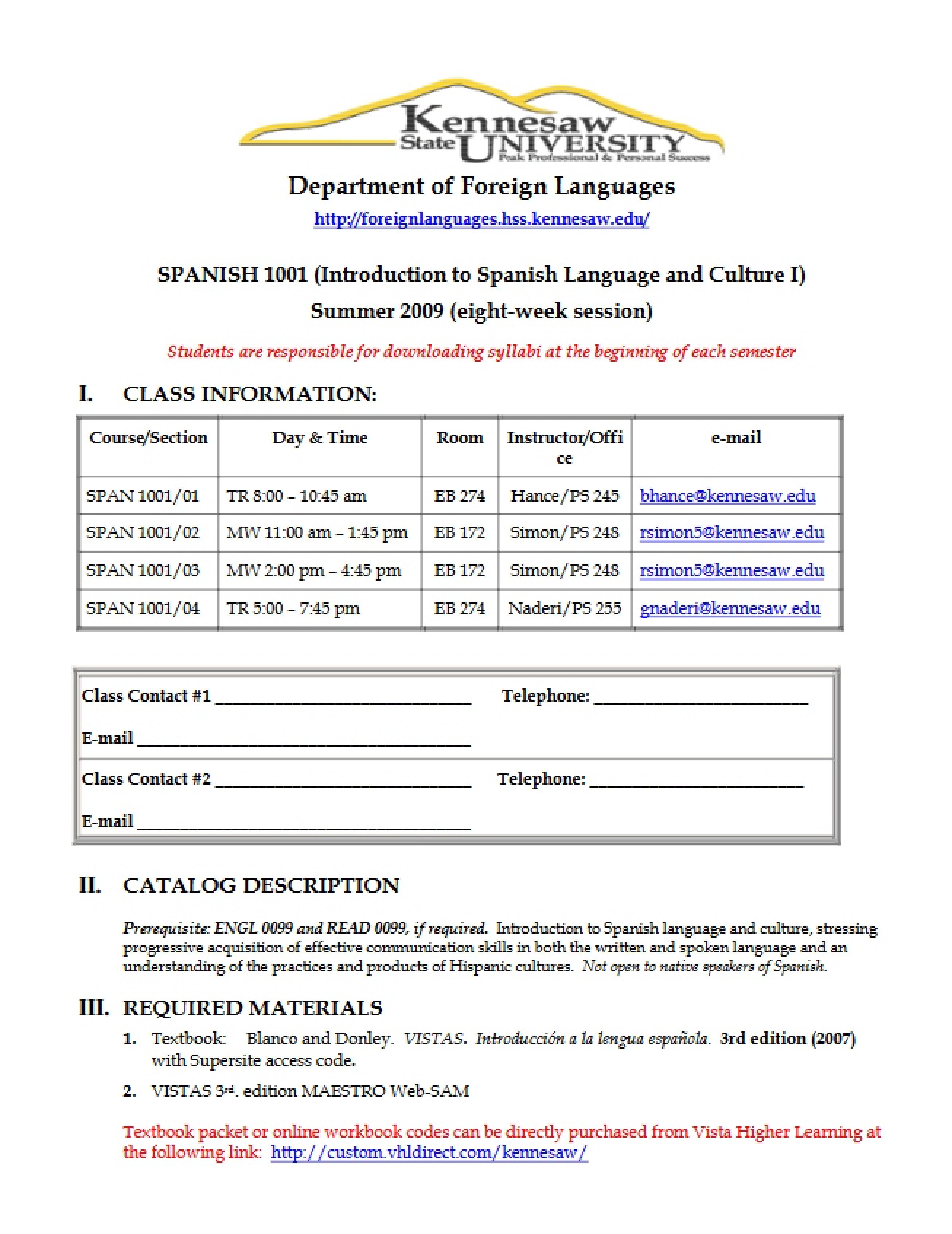 Course Outline for Introduction To Spanish I - SPAN 1001