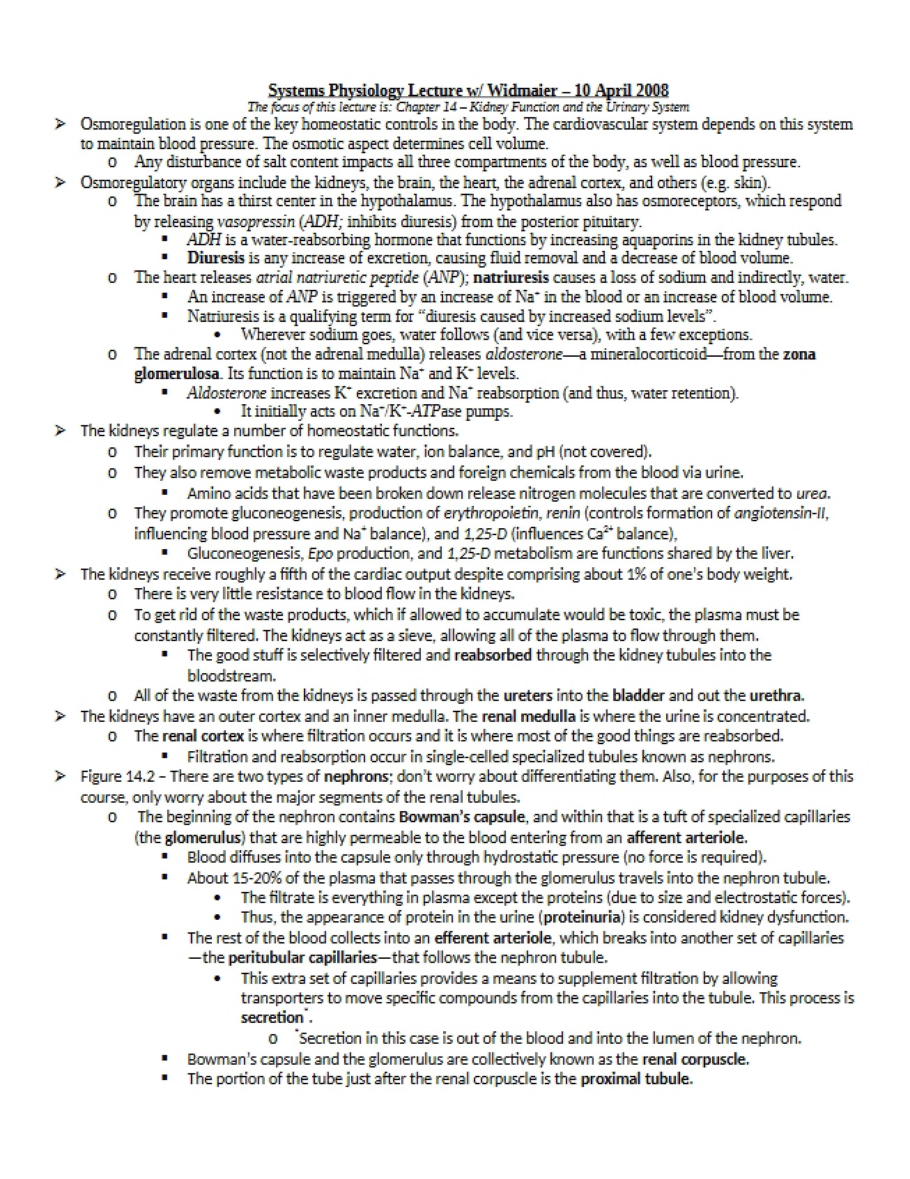 First Set of Lecture Notes for Systems Physiology