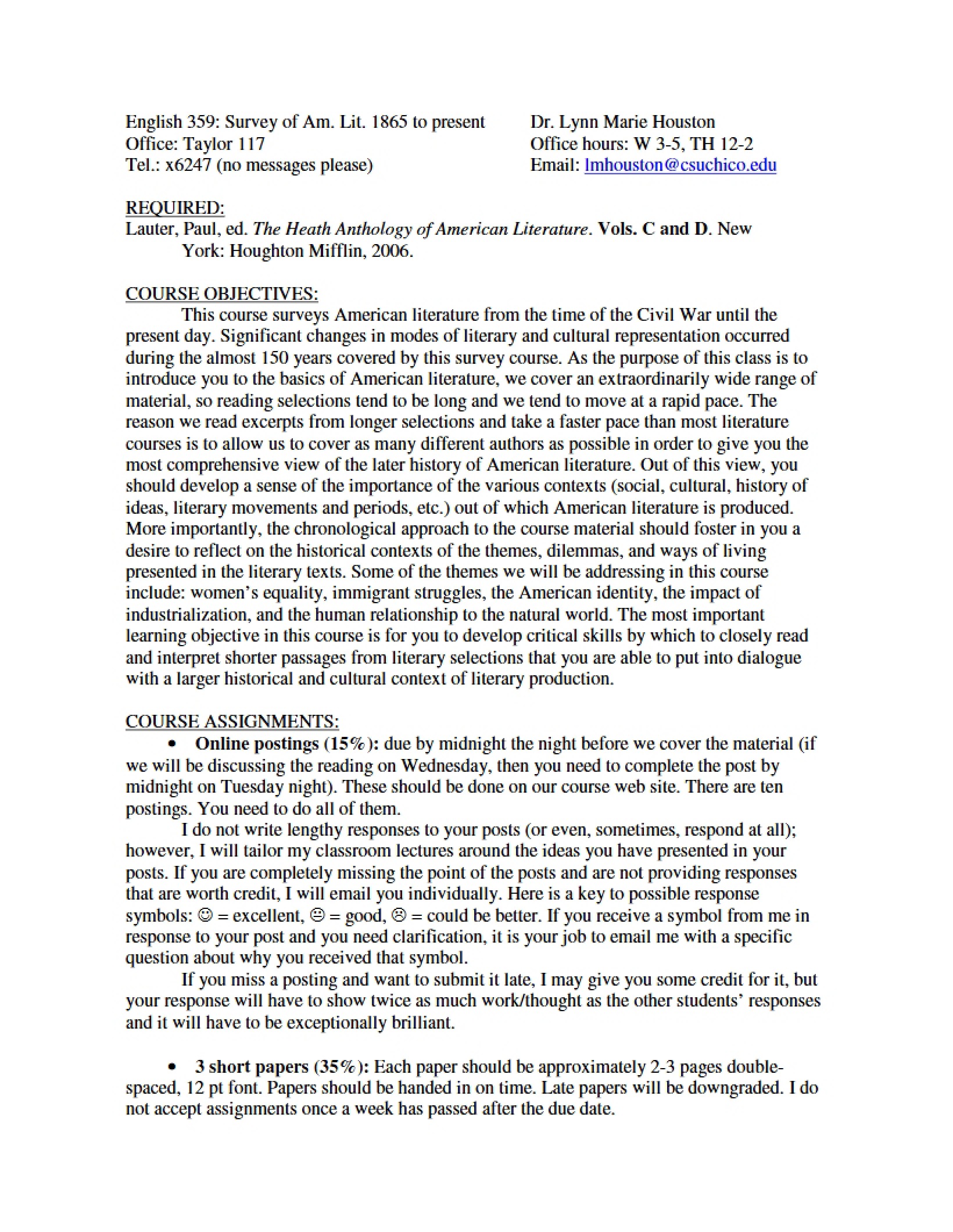 Survey of American Literature Syllabus