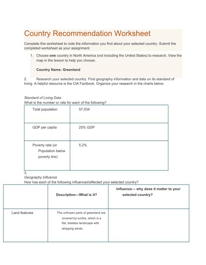 Worksheet - Country Recommendation