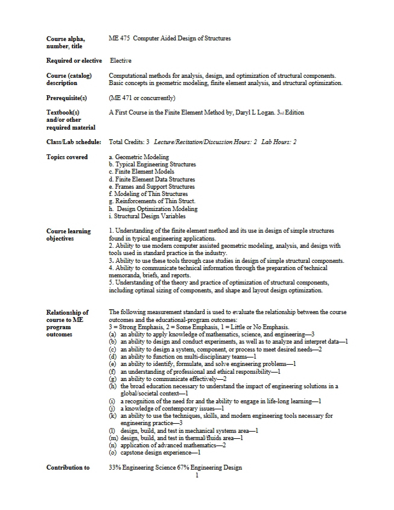 ME 475 Course Outline - 2 Pages