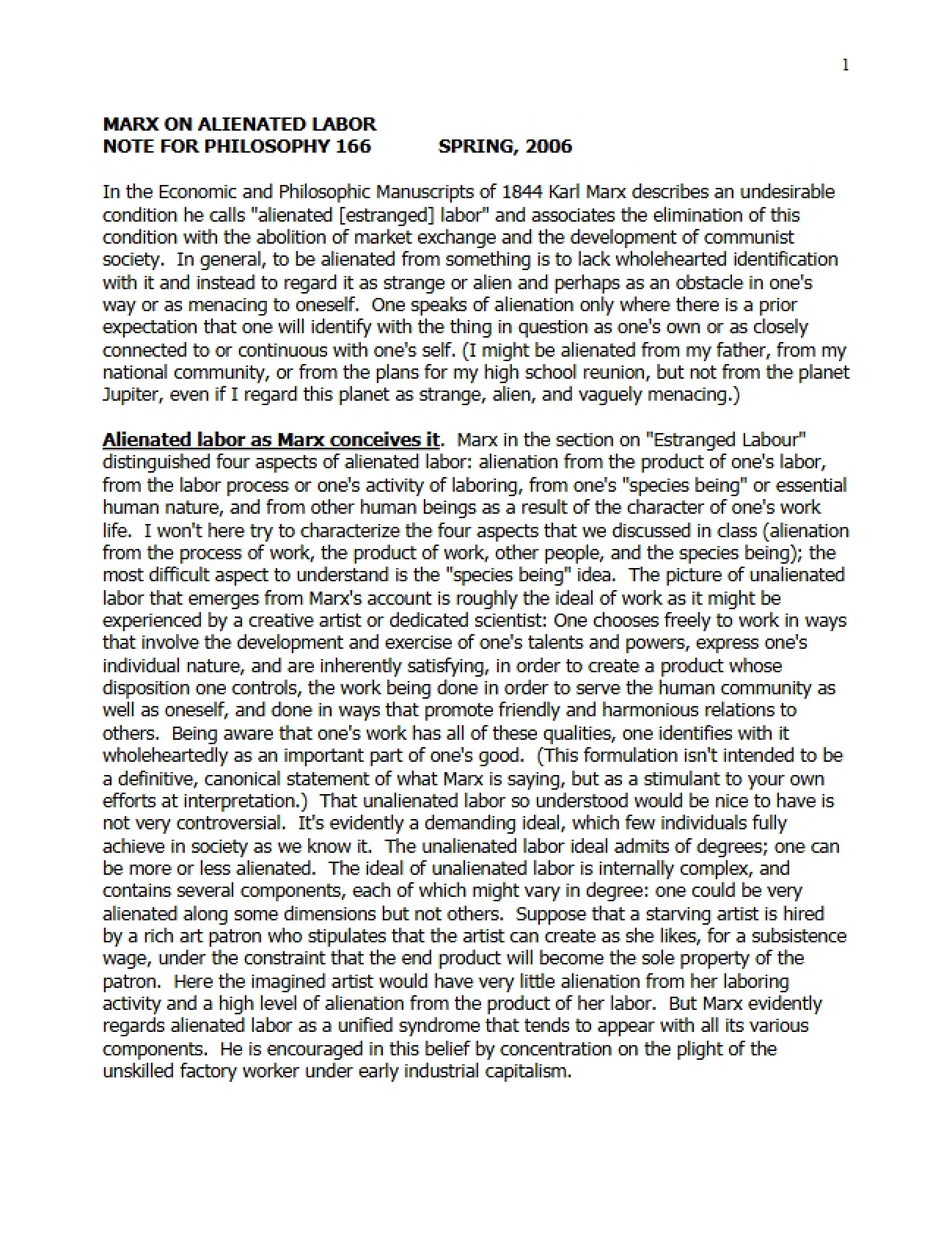 Labor Alienation Concepts in Marx