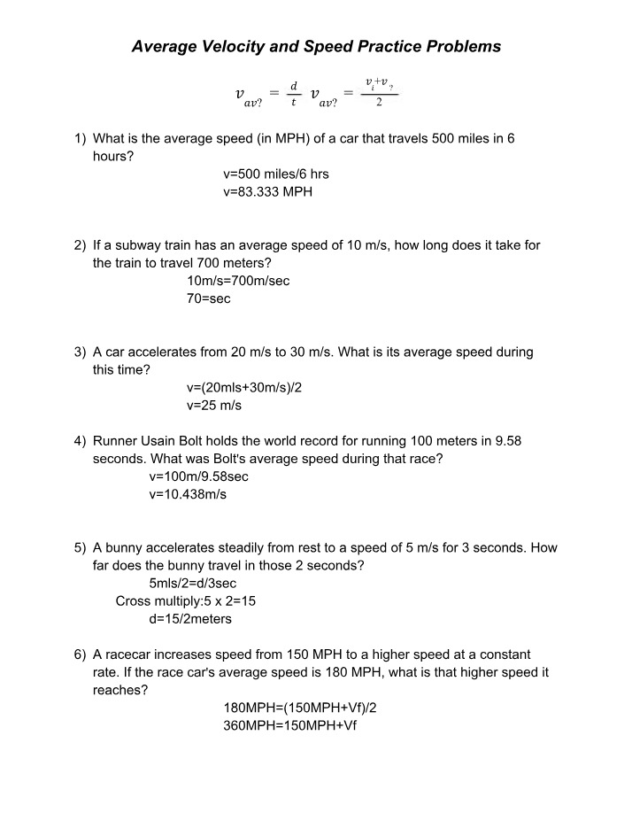 Practice Problems for Average Speed and Velocity
