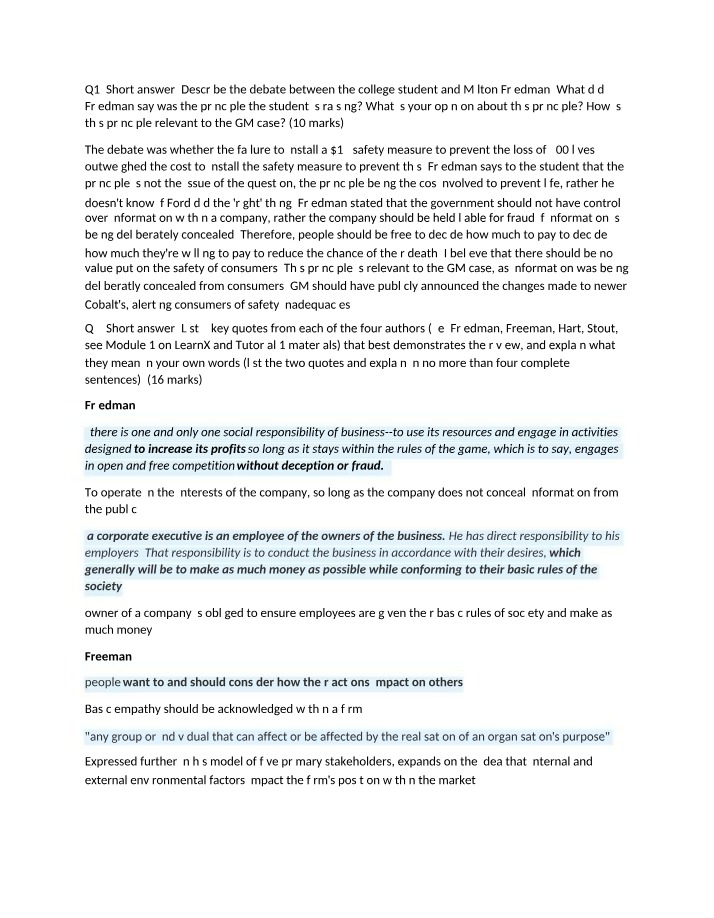 Business Ethics and GM Case Study - Debate Between a College Student and Milton Friedman