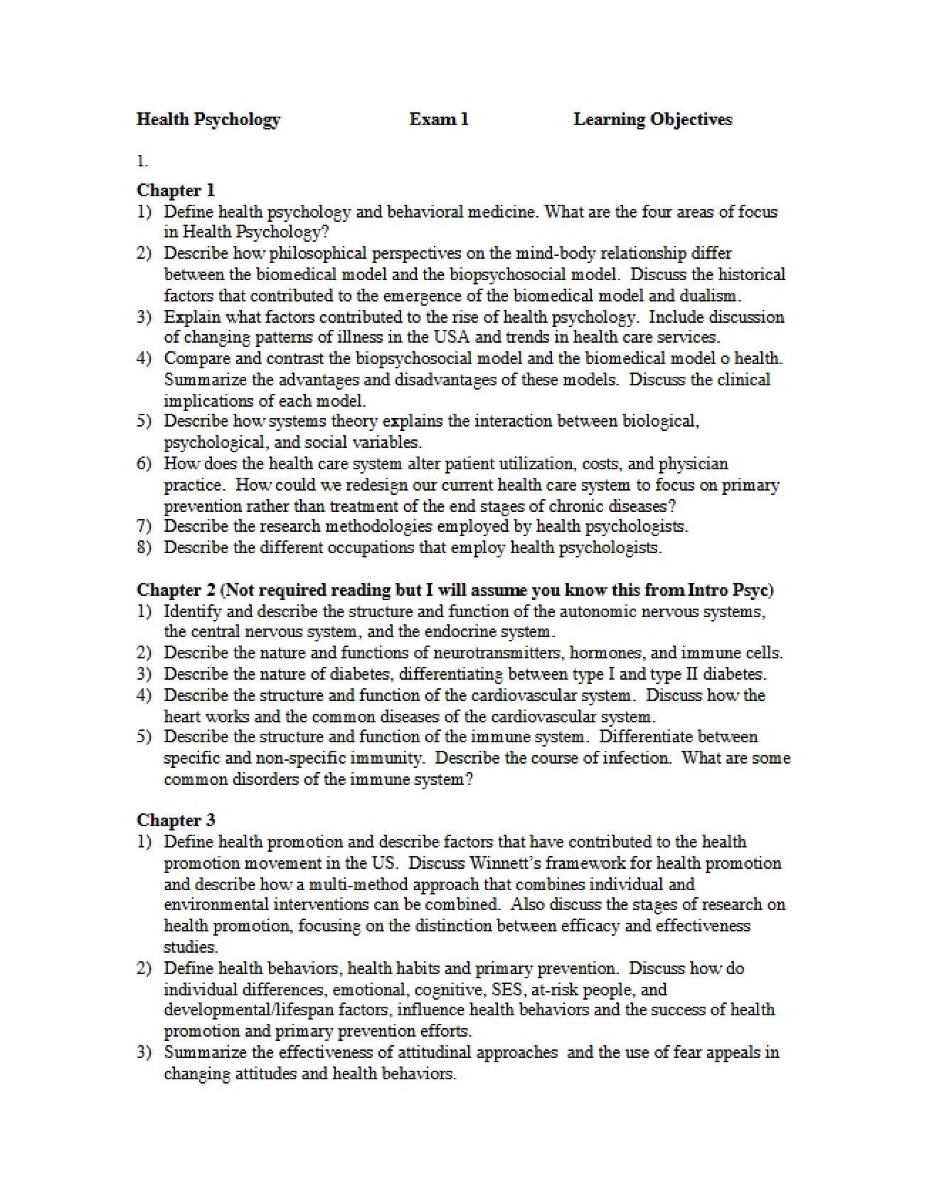 Exam 1 Health Psychology Objectives