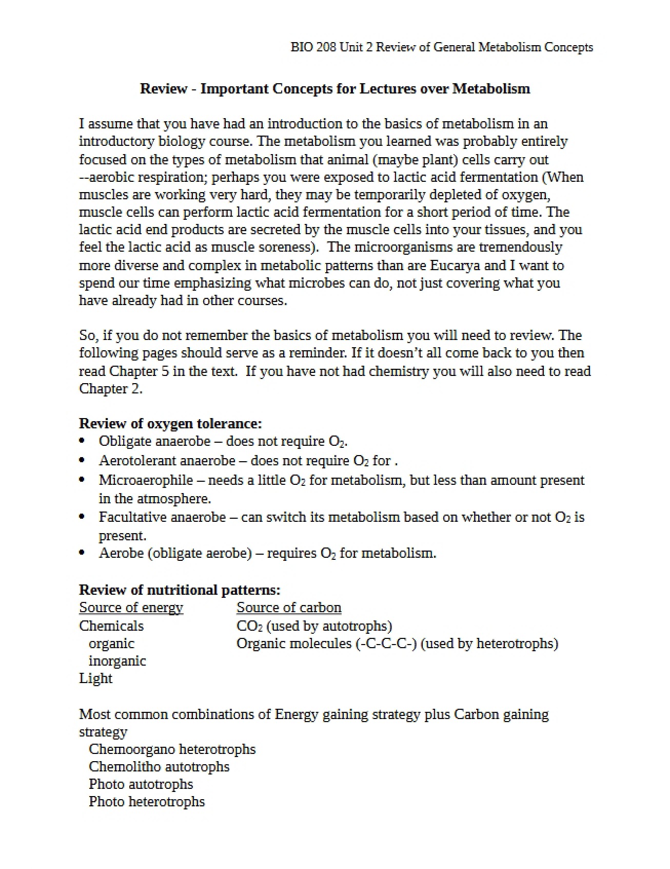 Review of Unit 2 Metabolism Concepts