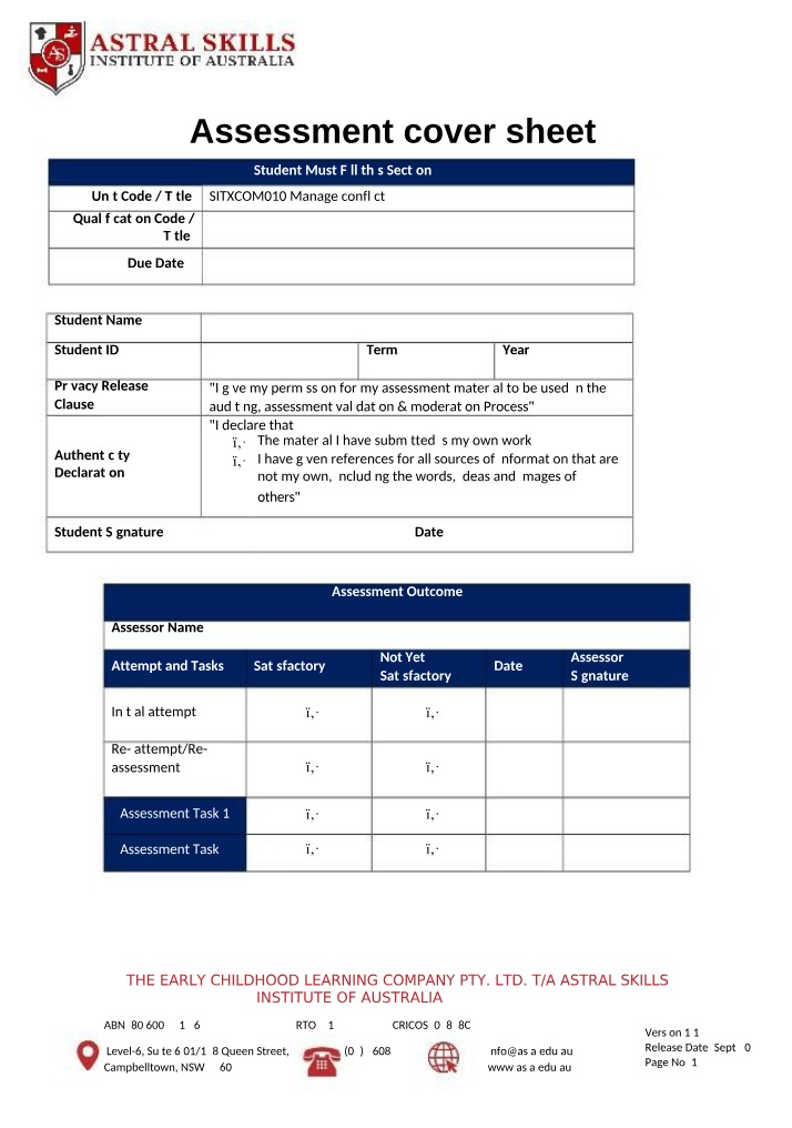SITXCOM010 Manage Conflict Student Assessment Cover Sheet