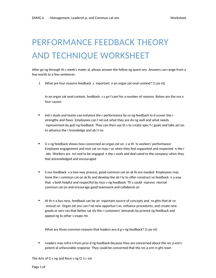 Worksheet - Performance Feedback Theory and Technique
