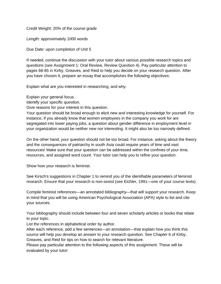 Crafting a Feminist Research Question - Tips and Assignment
