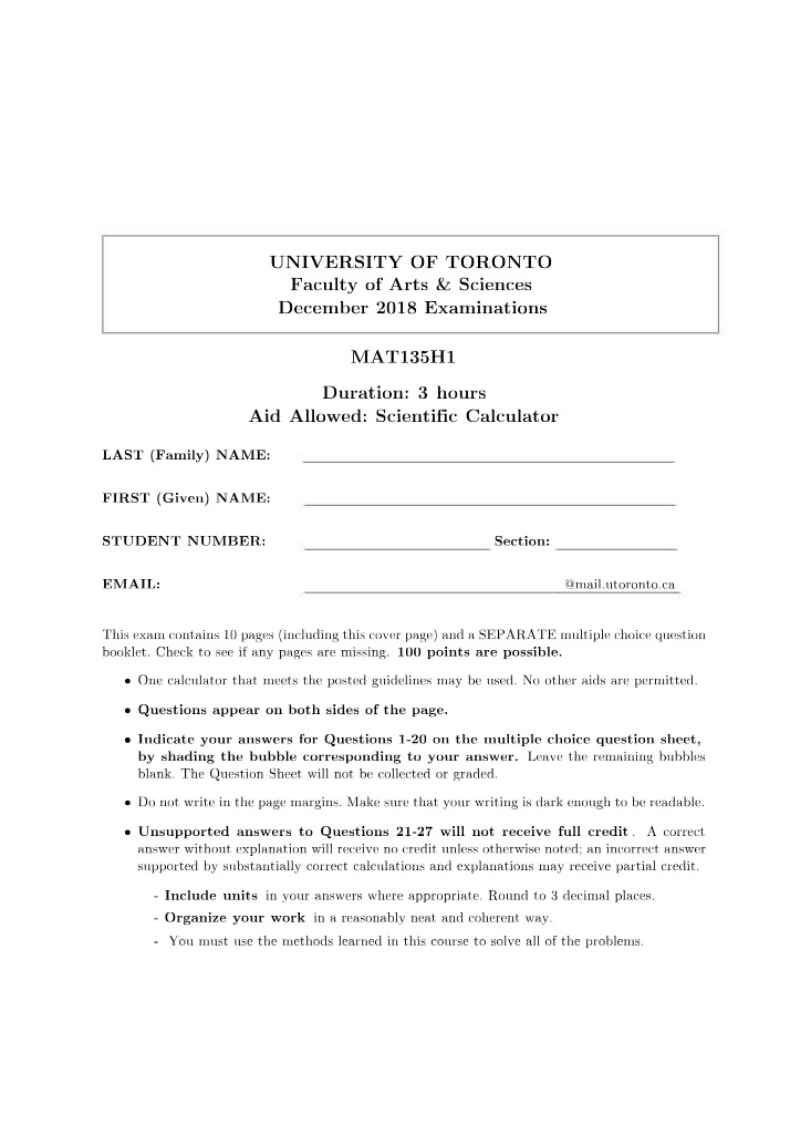 Official Final Exam for MAT135 F18