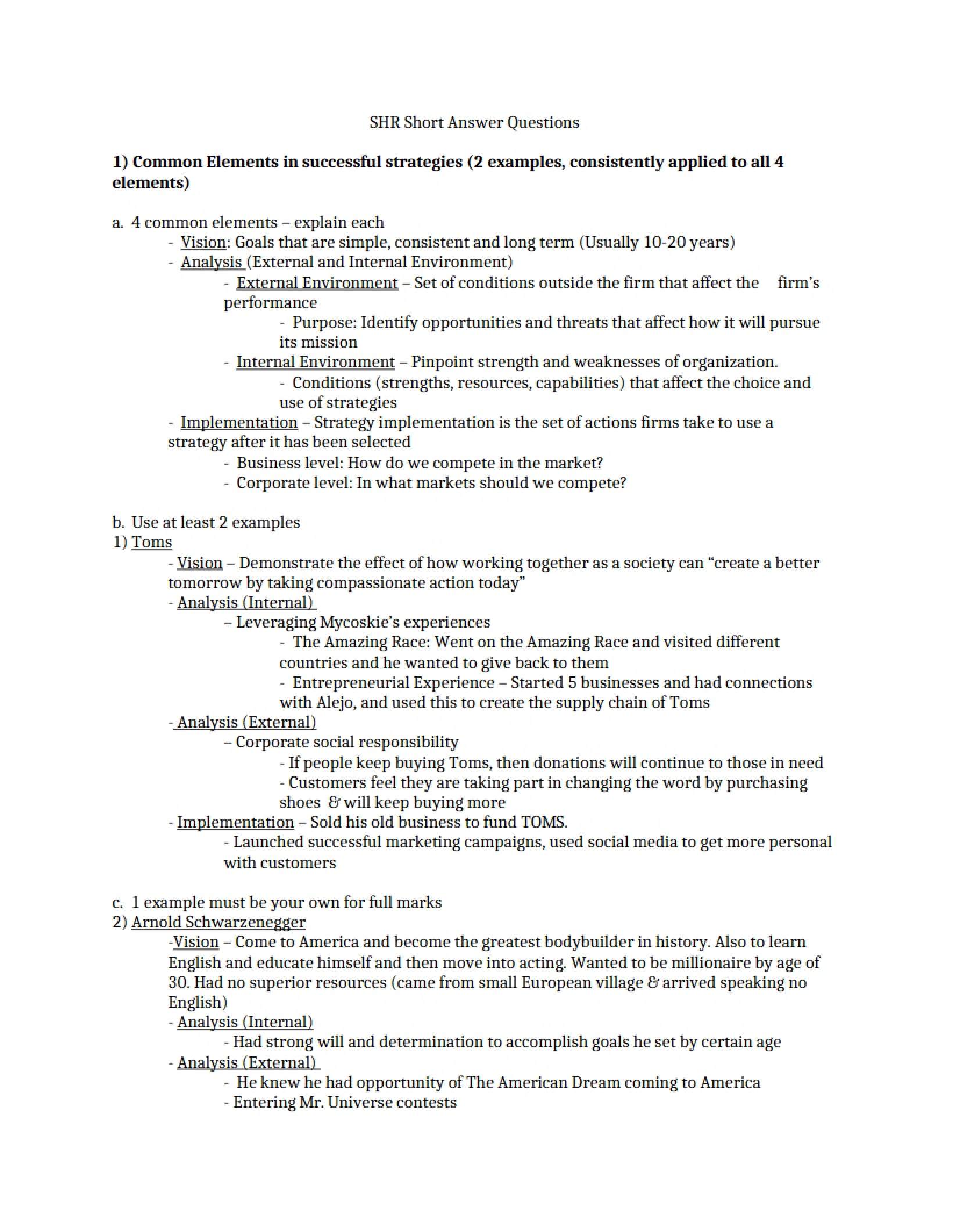 Short Answer Questions for SHR
