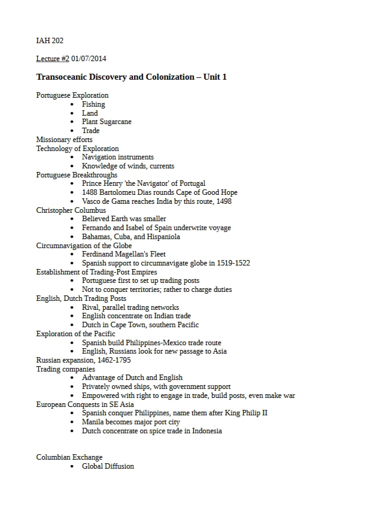 Unit One Colonization and Transoceanic Discovery