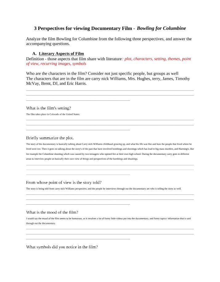 Film Analysis Questions - Bowling for Columbine
