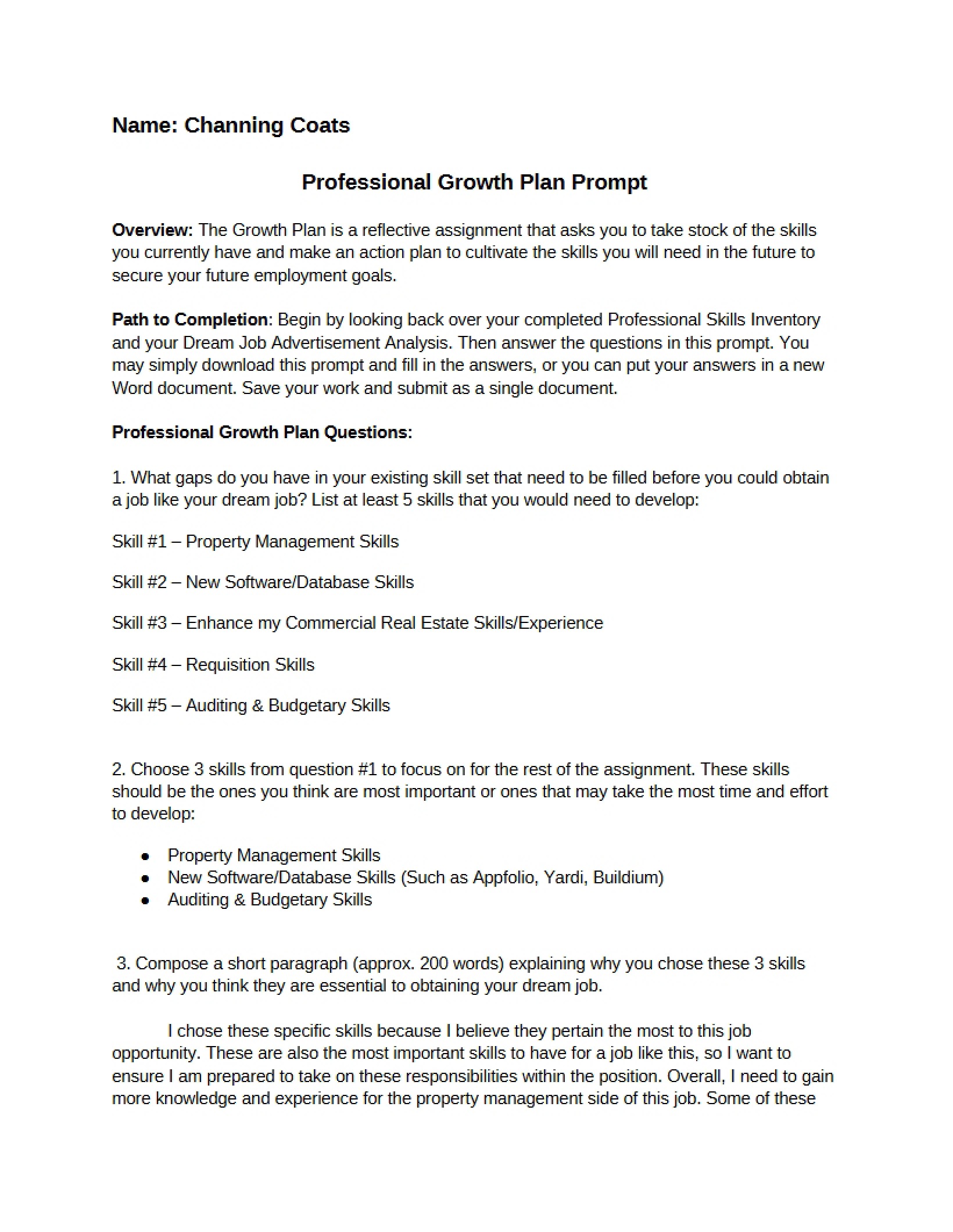 Prompt Professional Growth Plan and Personal Branding