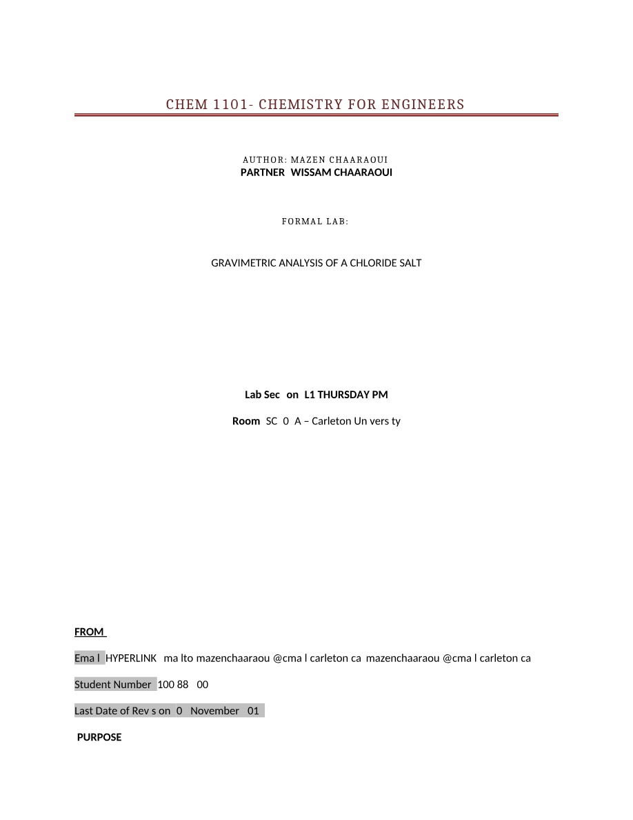 Lab Report - Gravimetric Analysis of a Chloride Salt