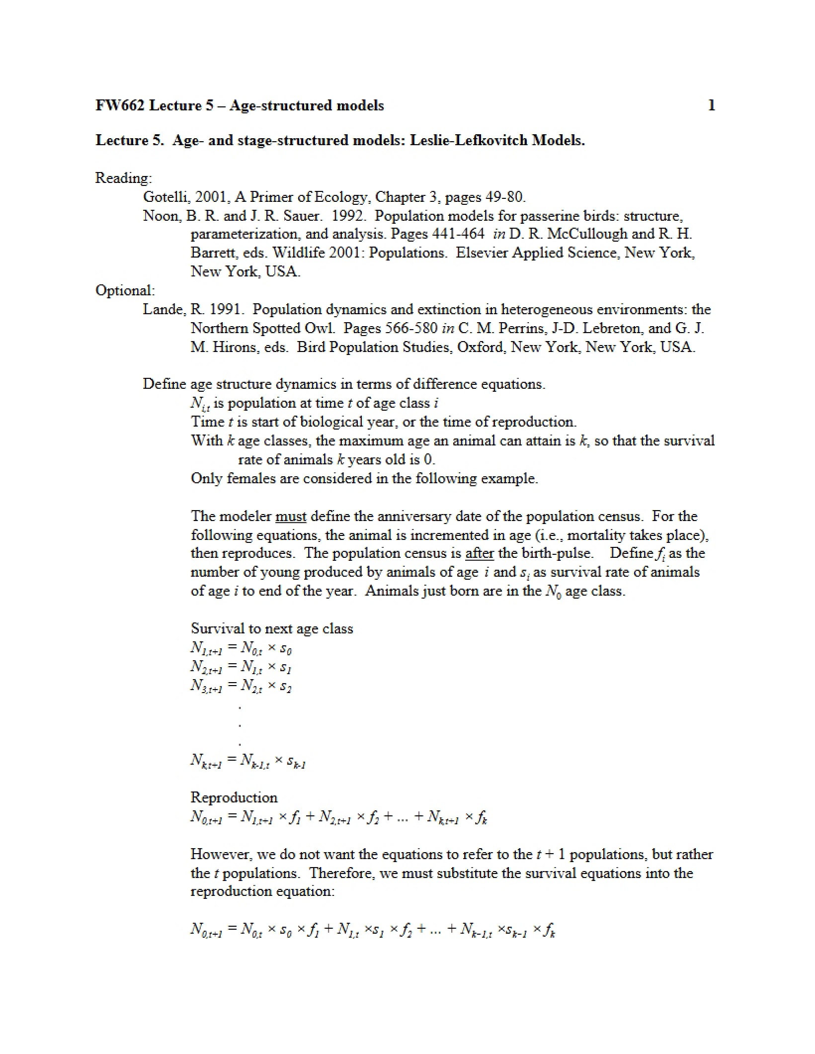 Models Structured by Age (Lecture 5)