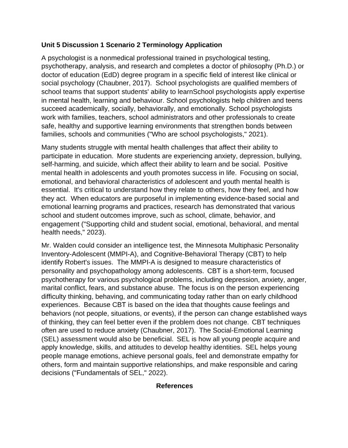Terminology Application - Unit 5 Discussion 1 Scenario 2