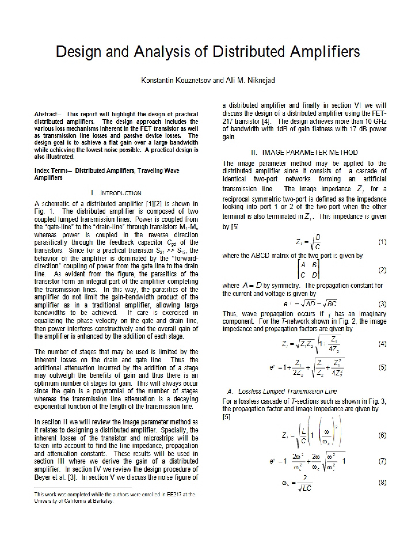 Distributed Amplifier Design and Analysis