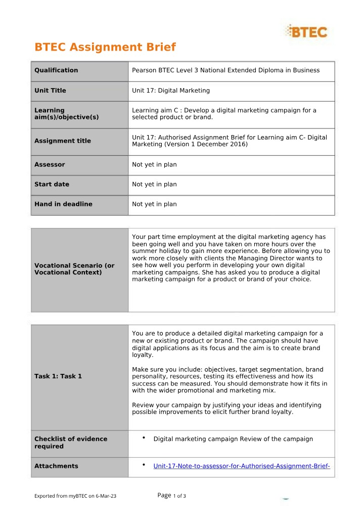 BTEC Assignment Brief for Digital Marketing Unit 17